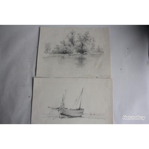 Dessins originaux Bateau Paysage Marguerite Hornung XIXe si�cle