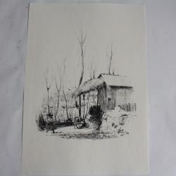 Dessin original &agrave; l'encre Paysage rural sign&eacute; 1954
