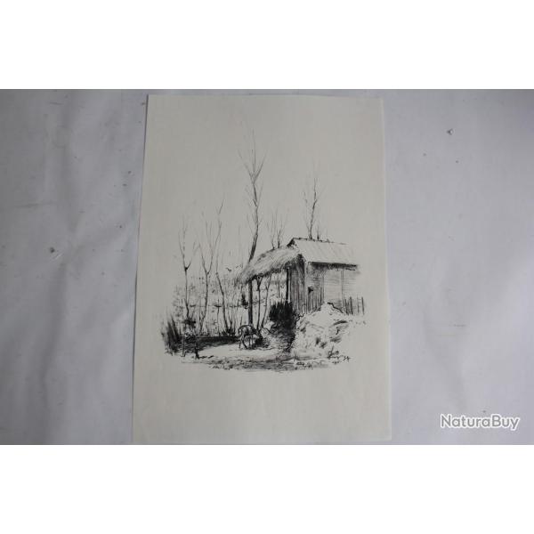 Dessin original � l'encre Paysage rural sign� 1954