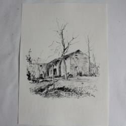 Dessin original &agrave; l'encre Paysage rural Ferme sign&eacute; 1954
