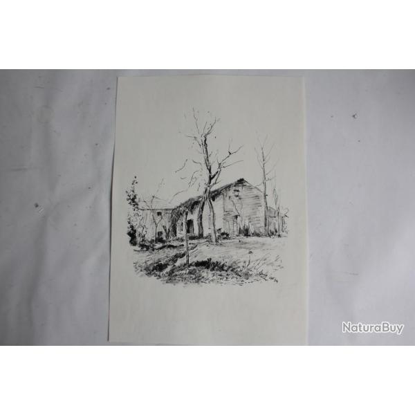 Dessin original � l'encre Paysage rural Ferme sign� 1954