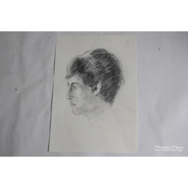 Ancien Dessin original Profil de jeune homme