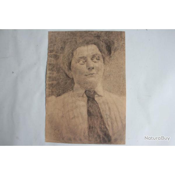Dessin original au fusain Portrait d'homme A. Beck 1902