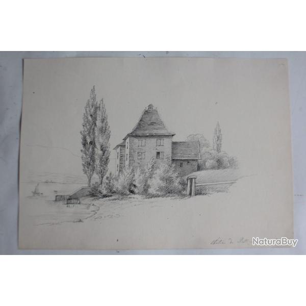 Dessin original Ch�teau de Belle-Rive 1849 Gen�ve Suisse