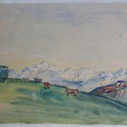 Aquarelle originale d'&eacute;tude Paysage alpin avec troupeau Vaches