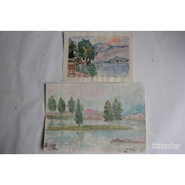 Aquarelles originales Paysages lacustres Alpes A. Wenger