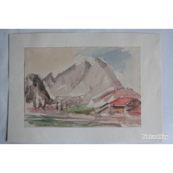 Aquarelle originale Paysage de montagne Alpes
