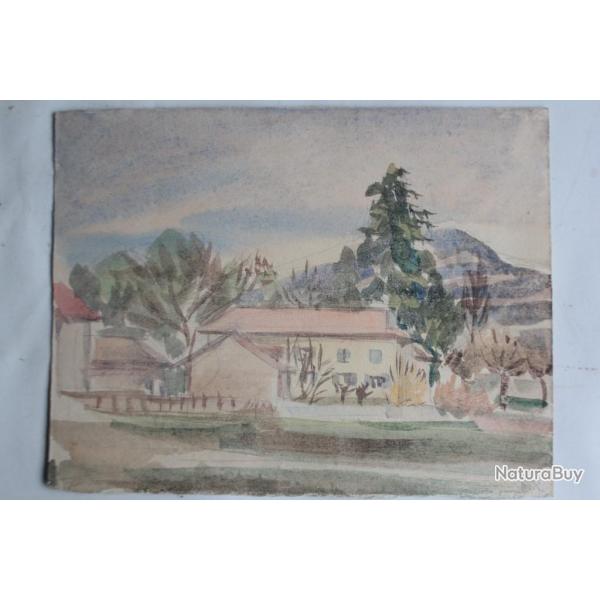Aquarelle originale Paysage rural Alpes