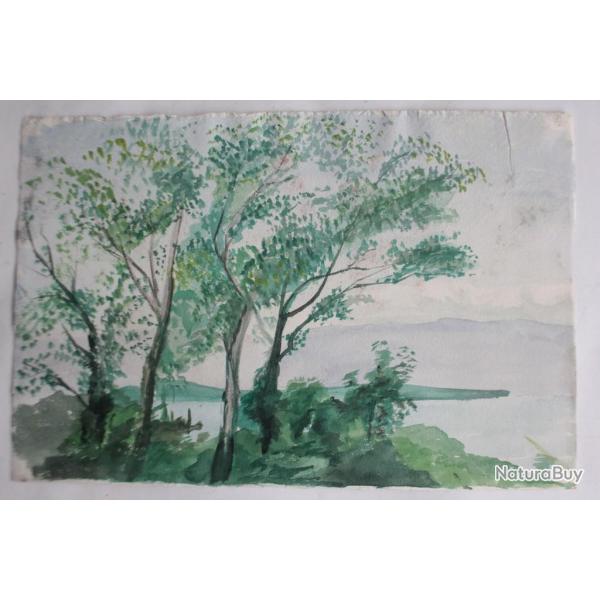 Aquarelle originale Paysage arbor� au bord de l'eau