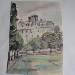 Aquarelle originale Sc&egrave;ne urbaine architecture haussmannienne