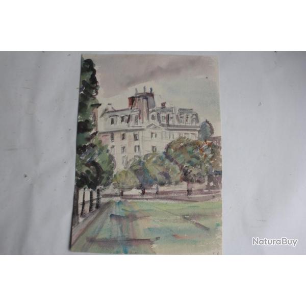 Aquarelle originale Sc�ne urbaine architecture haussmannienne