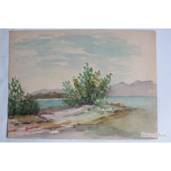 Aquarelle originale Paysage lacustre