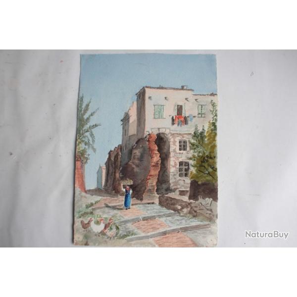 Aquarelle originale Sc�ne de village m�diterran�en