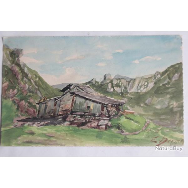Aquarelle originale Chalet d'alpage Montagne E. Bernes