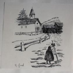 Dessin original Sc&egrave;ne rurale alpine Alexandre GIROD