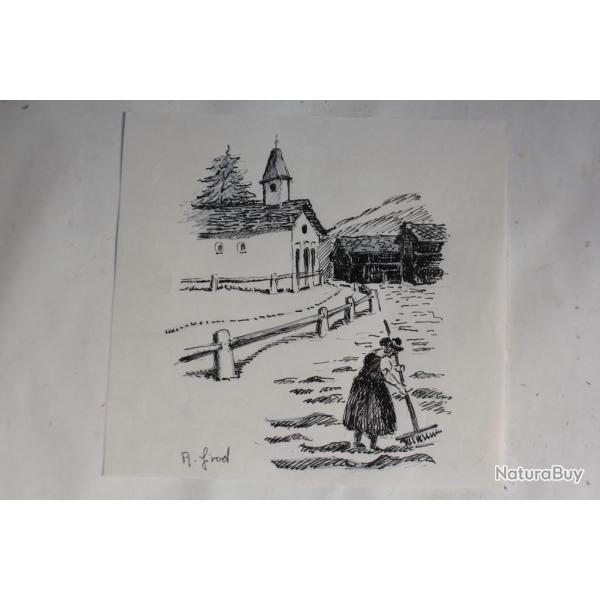 Dessin original Sc�ne rurale alpine Alexandre GIROD