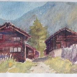Aquarelle originale Oberwald Village Alpes Suisse Chalets