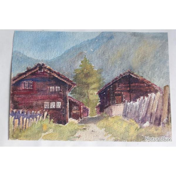 Aquarelle originale Oberwald Village Alpes Suisse Chalets
