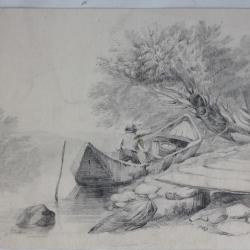 Dessin original Barque d'apr&egrave;s Jean Baptiste Louis Hubert Motta