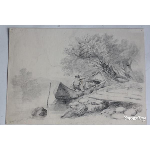Dessin original Barque d'apr�s Jean Baptiste Louis Hubert Motta