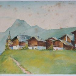 Aquarelle originale Village de montagne Chalets Grimentz Valais Suisse