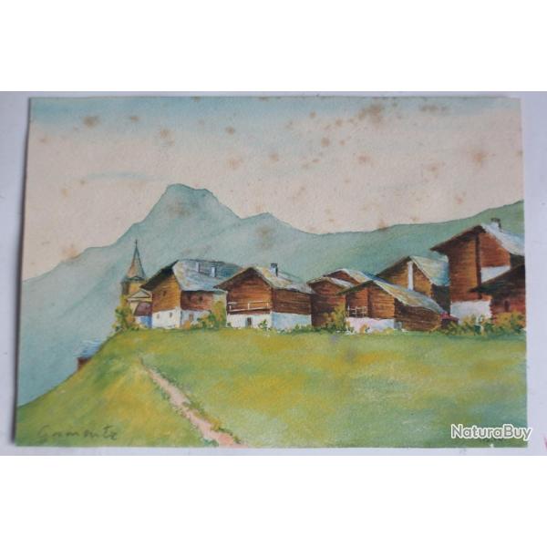 Aquarelle originale Village de montagne Chalets Grimentz Valais Suisse