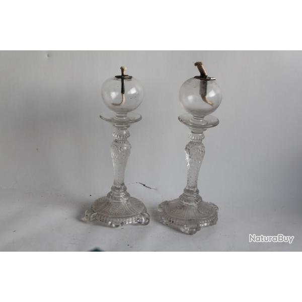 Paire Lampes � huile de dentelli�re verre XIXe si�cle