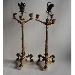 Paire de cand&eacute;labres bronze H&eacute;rons Alfred Daubr&eacute;e XIXe si&egrave;cle