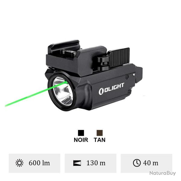 Olight BALDR Mini GL Noir - Lampe Tactique Compacte 600 Lumens avec Laser Vert pour Pistolet