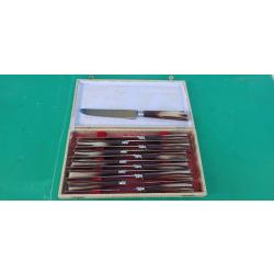 VINTAGE :   DOUZE COUTEAUX DE TABLE  EN COFFRET  .  REALISATION VITALI A  AVRANCHES  .  PARFAIT ETAT