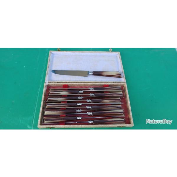 VINTAGE :   DOUZE COUTEAUX DE TABLE  EN COFFRET  .  REALISATION VITALI A  AVRANCHES  .  PARFAIT ETAT