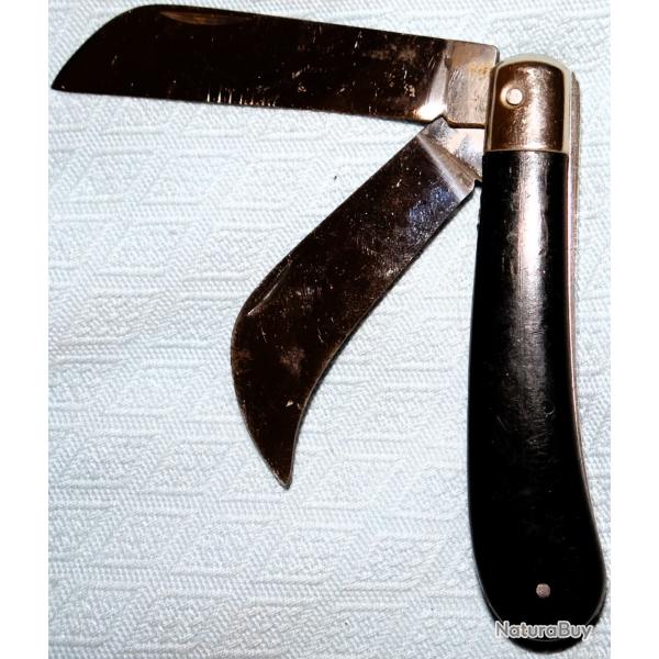 COUTEAU PLIANT NOIR 2 LAMES 1 SERPETTE 7 cm, 1 DROITE 8 cm, outil de JARDIN, de BRICOLAGE FRANCE BE