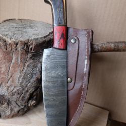 Grand Couteau de Rando Cuisine Damas Lame 256 Couches Manche Bois Duck Fab Artisanale Etui Cuir