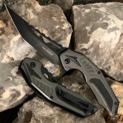 Couteau Semi-Automatique Tac Force Lame Tanto Acier 3Cr13 Manche Alu Gris et Noir Linerlock Clip
