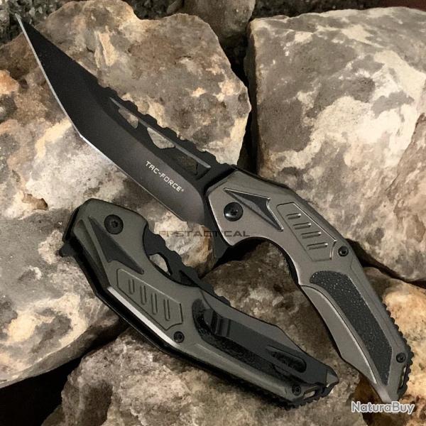 Couteau Semi-Automatique Tac Force Lame Tanto Acier 3Cr13 Manche Alu Gris et Noir Linerlock Clip