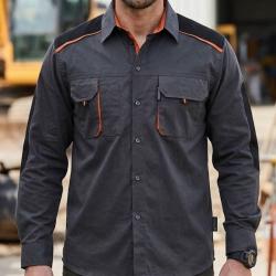 TERRATREND 3108 Chemise manches longues gris. noir et orange robustesse polycoton et renforts Oxford