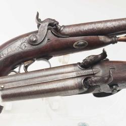 RARISSIME PAIRE DE PISTOLETS CORSE DOUBLES CANONS &Agrave; PERCUSSION FAIT &Agrave; PIETRALBA XIX&egrave; CALIBRE 13MM Ca