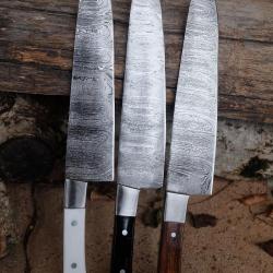 Lot de 3 Couteau De Cuisine Lame Acier Damas 256 Couches Manche Bois/Os/R&eacute;sine Fabric Artisanale 01