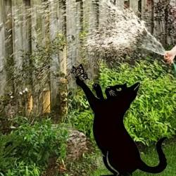 DECORATION JARDIN 1 CHAT ACRYLIQUE NOIR JOUANT AVEC UN PAPILLON FACILE A INSTALLER SANS ENTRETIEN