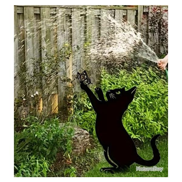DECORATION JARDIN 1 CHAT ACRYLIQUE NOIR JOUANT AVEC UN PAPILLON FACILE A INSTALLER SANS ENTRETIEN