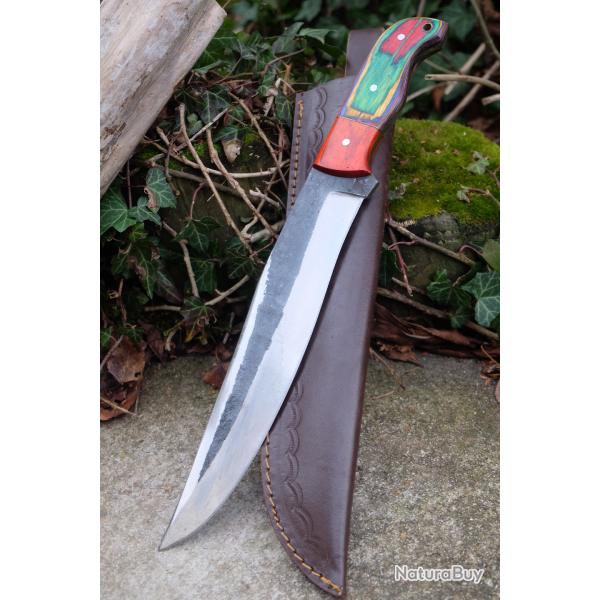 BIG Couteau Buscharft Survie Bowie Lame Acier Carbone 1075 Etui Cuir Manche Bois Fabric Artisanale01