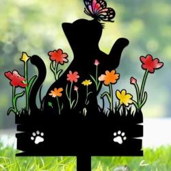 DECORATION JARDIN 1 CHAT ACRYLIQUE JOUANT AVEC UN PAPILLON FACILE A INSTALLER SANS ENTRETIEN