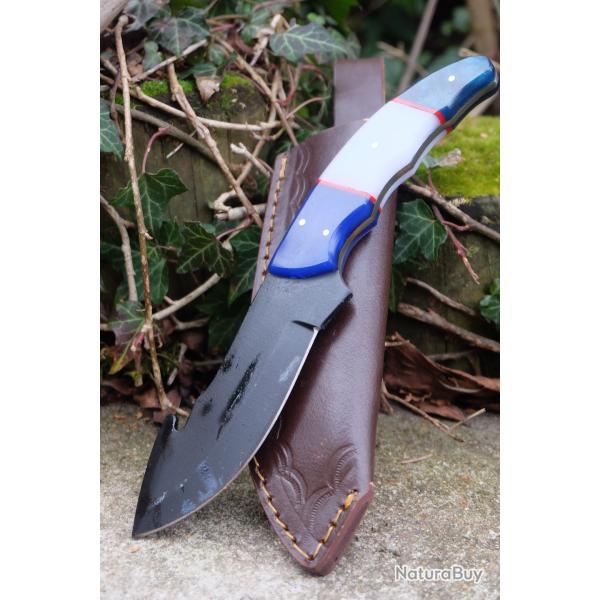 Couteau de Chasse � d�pecer Crochet Lame Acier Carbone 1055 Black Manche R�sine Etui Cuir Artisan A
