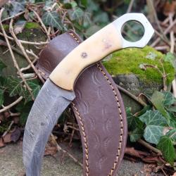 Couteau Karambit Lame Acier Damas 256 Couches Manche Os Etui Cuir Fabr Artisanale