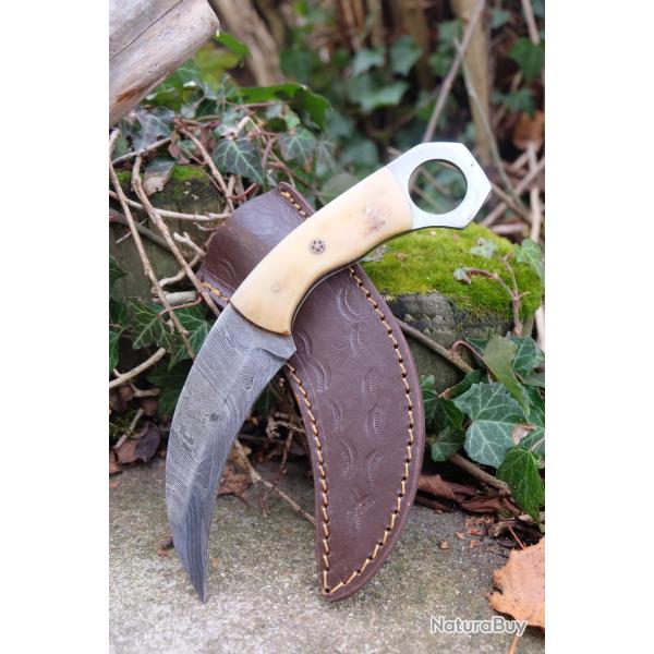 Couteau Karambit Lame Acier Damas 256 Couches Manche Os Etui Cuir Fabr Artisanale