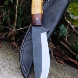 Couteau Skinner de Chasse Survie Lame Acier Carbone 1075 Manche Bois Olivier Etui Cuir Fabr Artisan