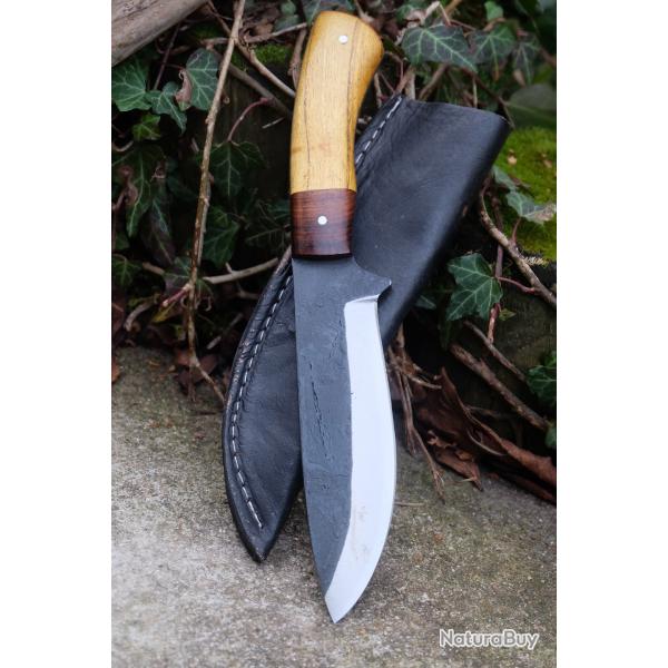 Couteau Skinner de Chasse Survie Lame Acier Carbone 1075 Manche Bois Olivier Etui Cuir Fabr Artisan