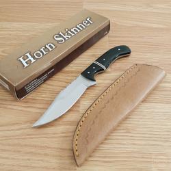 Couteau de Chasse Rando Camp Manche Corne Lame Acier Inox Etui Cuir