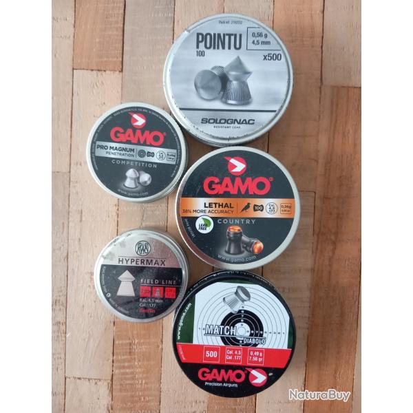 Lot 5 bo�tes de diabolos 4,5mm de 0,34g � 0,56g reste environ 1250 pi�ces