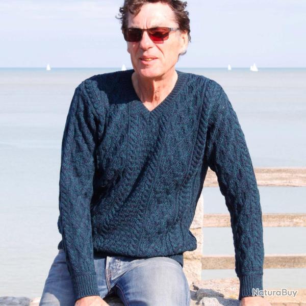 Pull irlandais Homme pure laine m�rinos chaud col V grosses mailles torsades S (small) bleu nuit